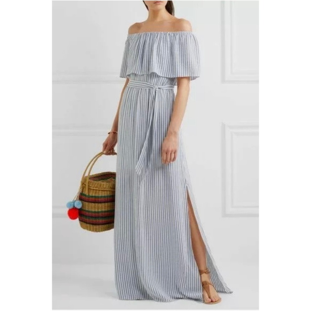 Alice + Olivia Grazi Blue‎ White Striped Off Shoulder Coastal Maxi Dress Size 2